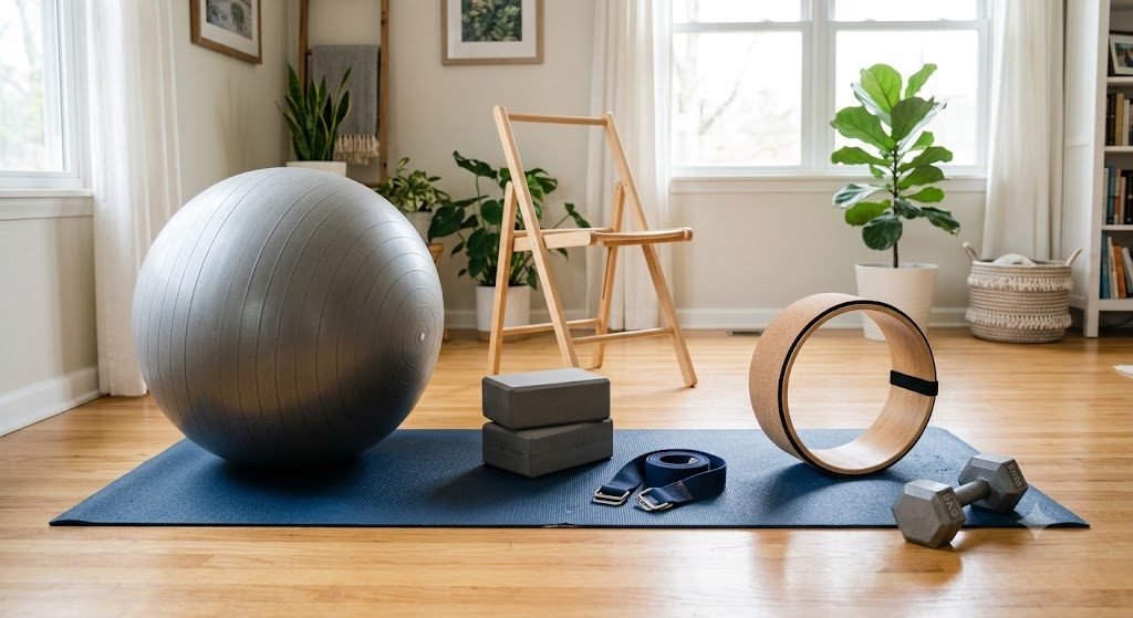Yoga mat, blocks, strap, wheel and dumbbells set out for Sukh Space practice